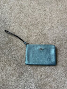 Coach Metallic Teal Leather Wristlet Pouch